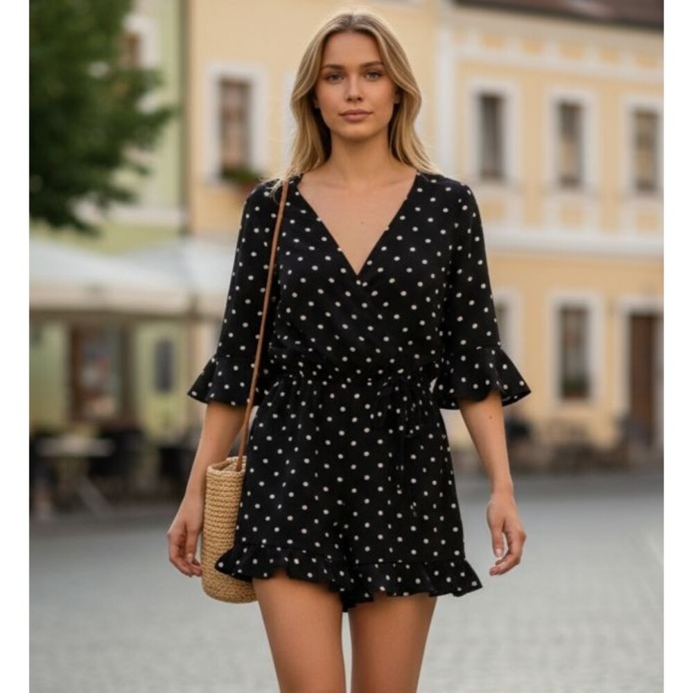 Retro Polka Dot Romper Black White Ruffle Wrap Tie Waist M One Love LA